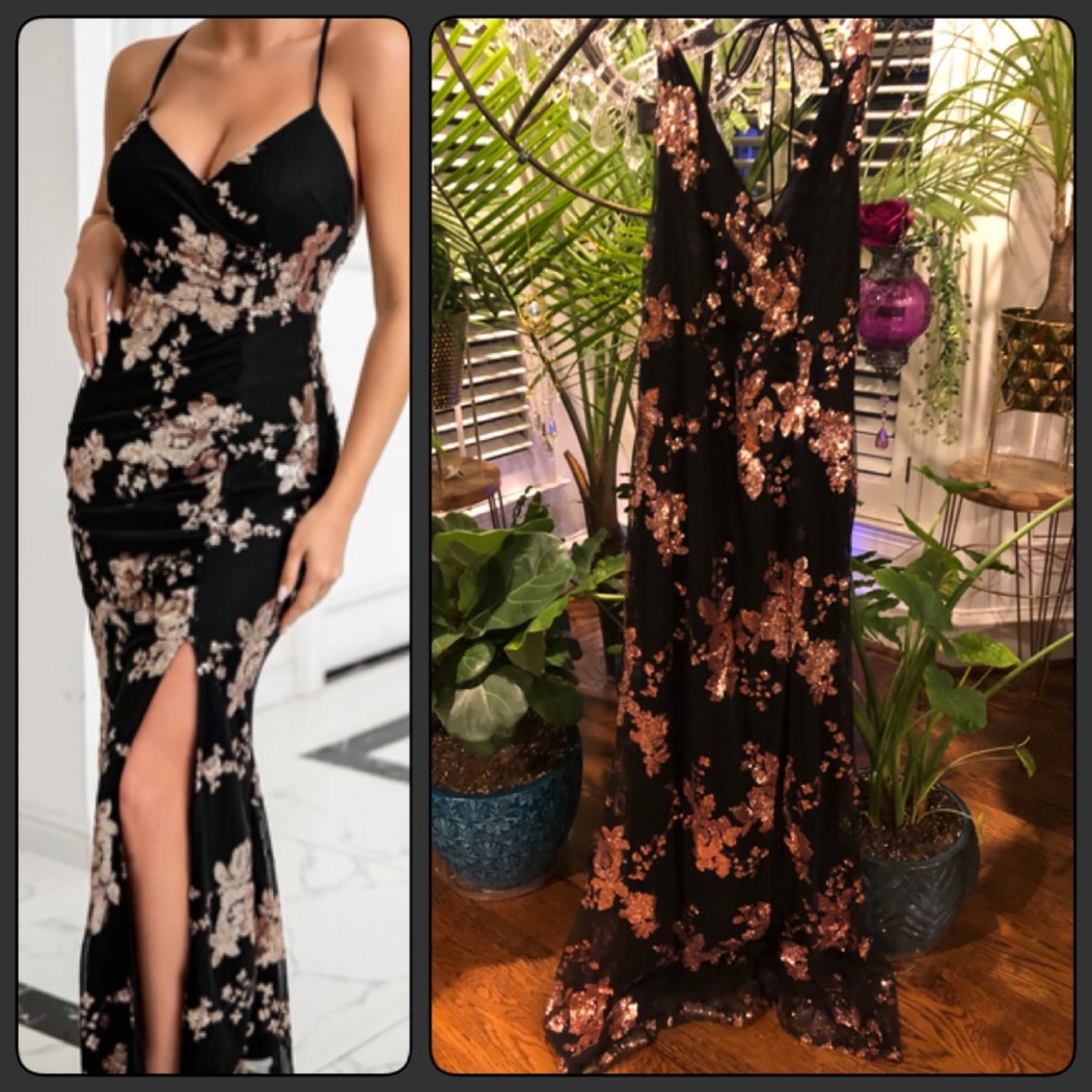 New Black & Rose Gold Sequence Evening Gown
